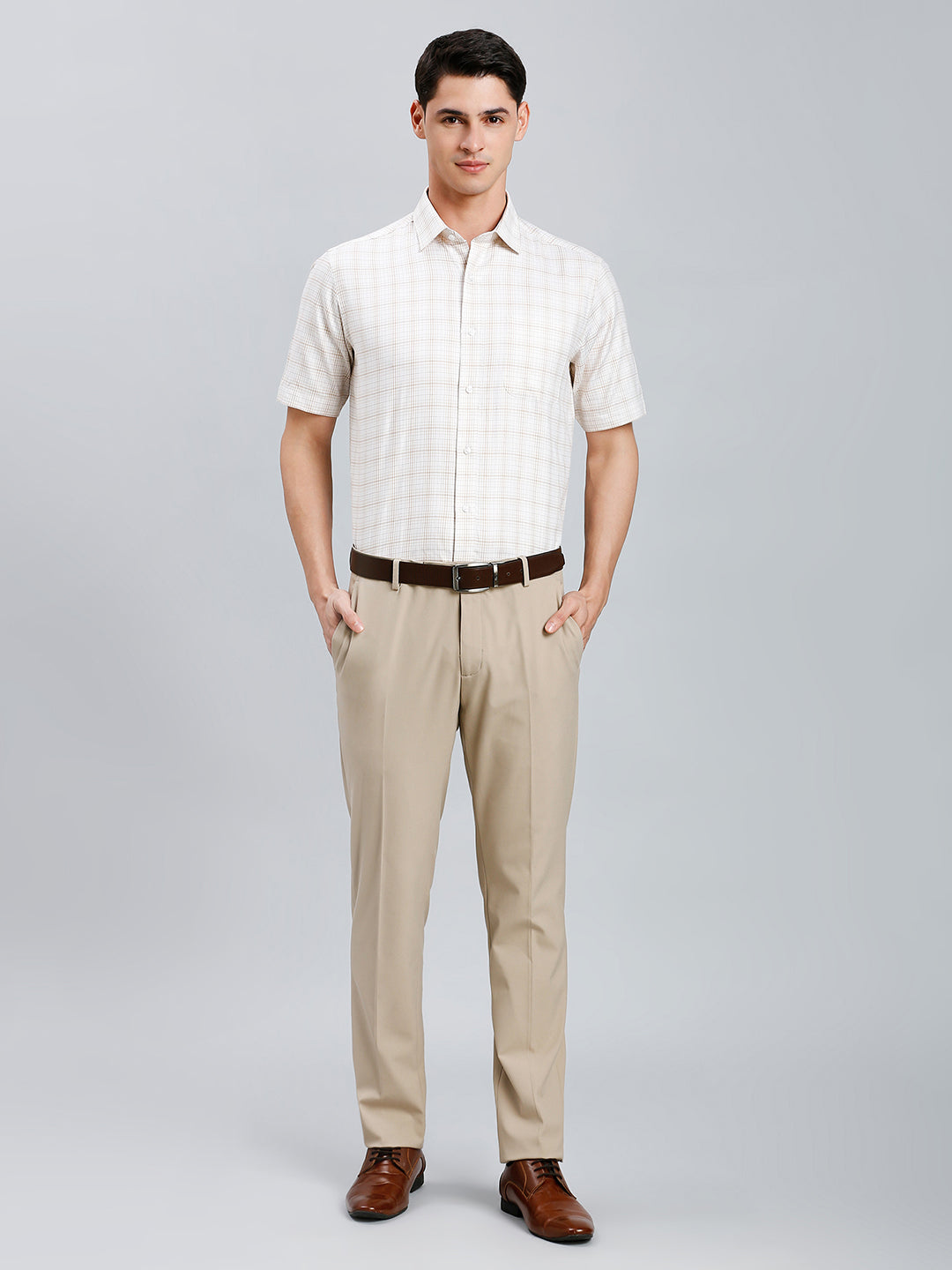 White & Brown & Beuge Checks 100% Cotton Regular Fit Formal Half Sleeve Shirt