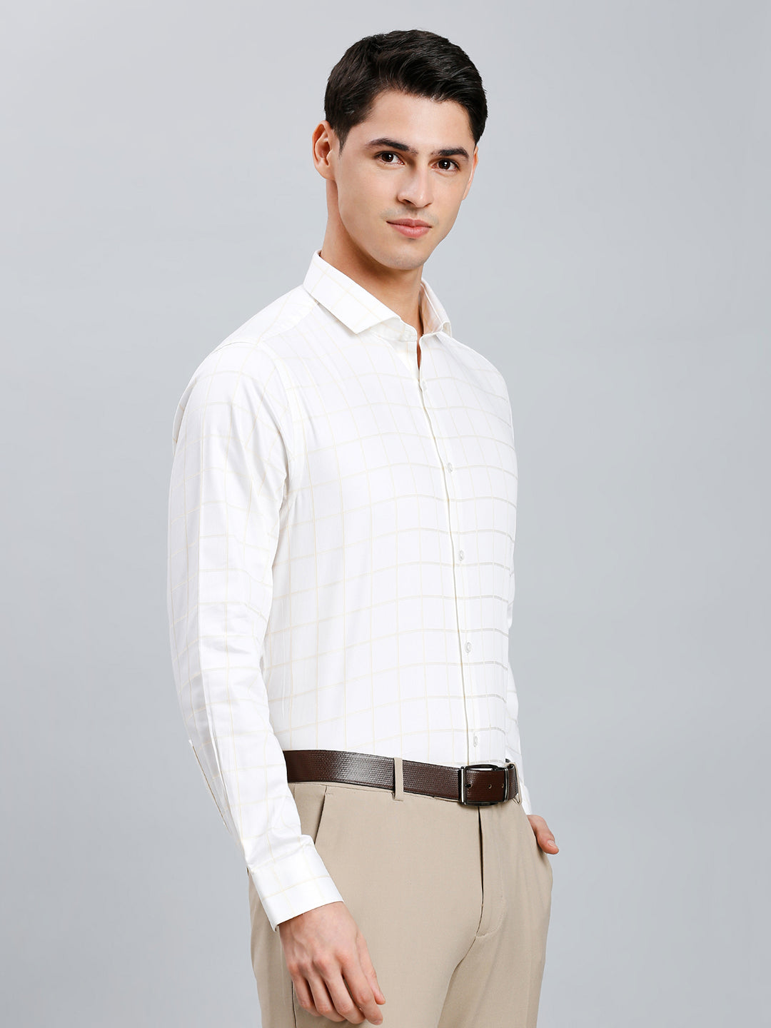 Classic White & Beige Checks 100% Cotton Slim Fit Formal Full Sleeve Shirt