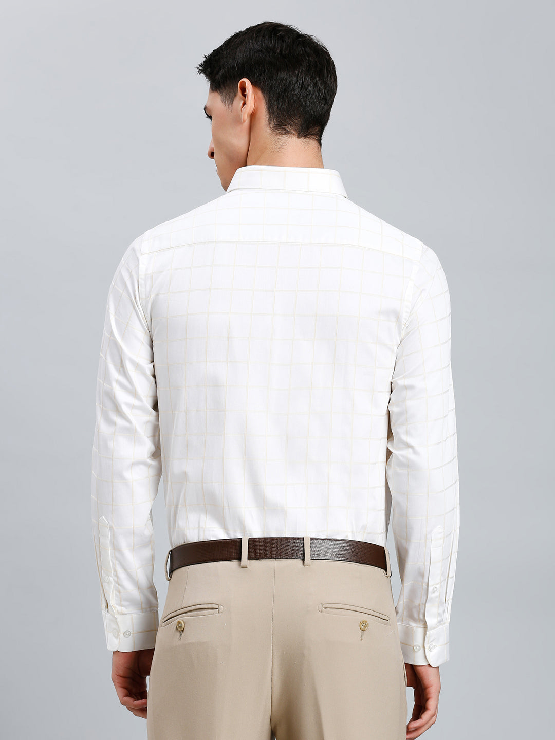 Classic White & Beige Checks 100% Cotton Slim Fit Formal Full Sleeve Shirt