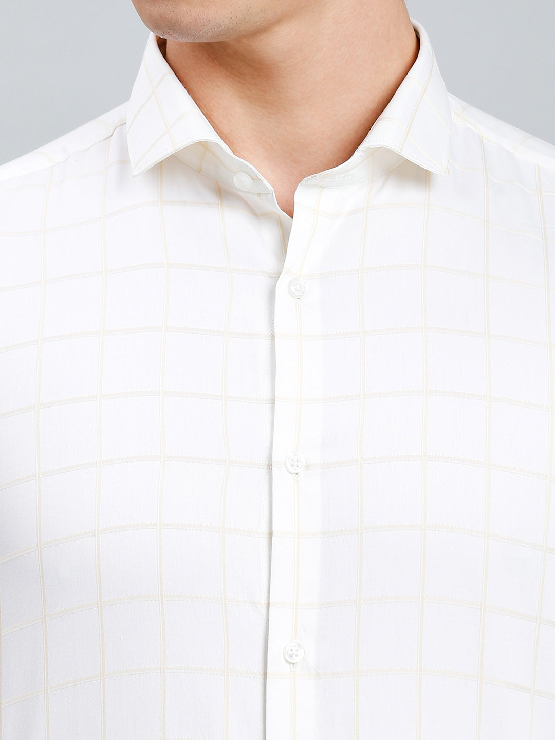 Classic White & Beige Checks 100% Cotton Slim Fit Formal Full Sleeve Shirt