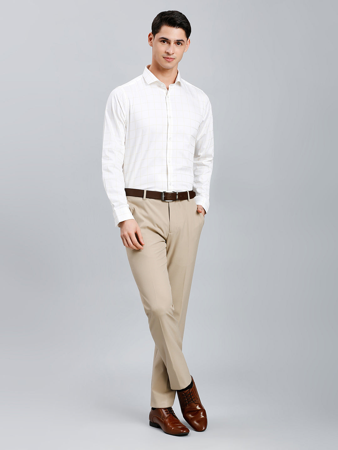 Classic White & Beige Checks 100% Cotton Slim Fit Formal Full Sleeve Shirt