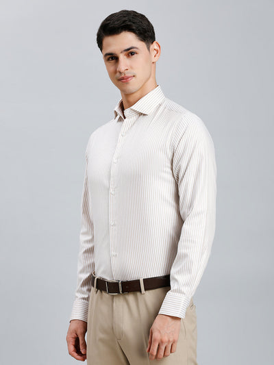 Men's Pure Cotton Dobby Stripe Dobby Stripe Slim Fit Full Sleeve Formal Shirt - White & Brown