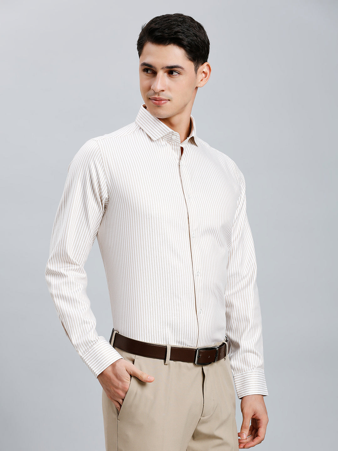 White & Brown Dobby Stripe 100% Cotton Slim Fit Formal Full Sleeve Shirt
