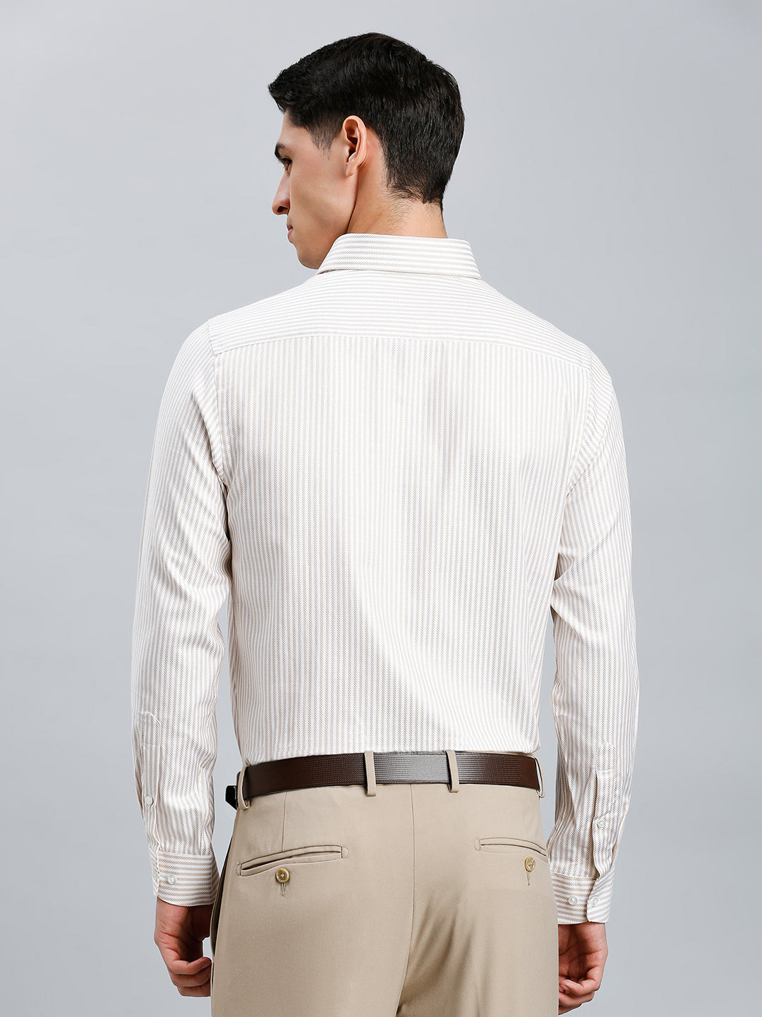 White & Brown Dobby Stripe 100% Cotton Slim Fit Formal Full Sleeve Shirt