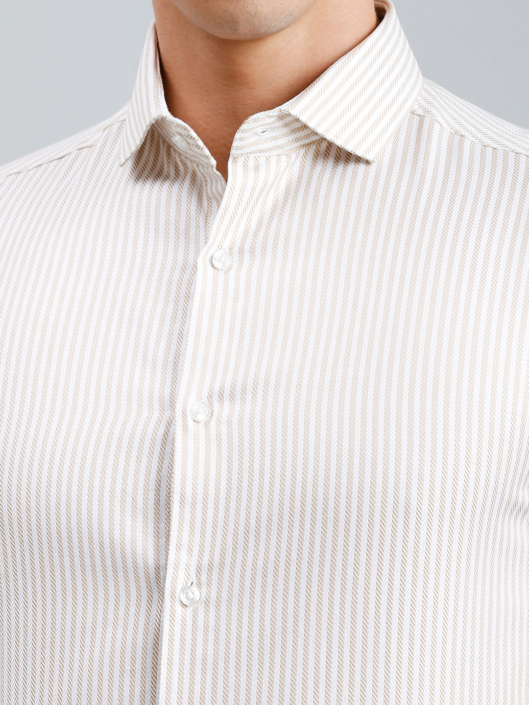 White & Brown Dobby Stripe 100% Cotton Slim Fit Formal Full Sleeve Shirt