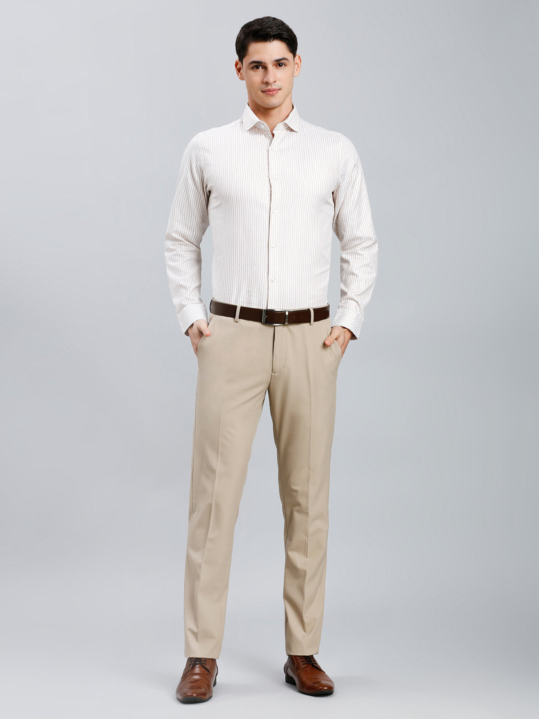 White & Brown Dobby Stripe 100% Cotton Slim Fit Formal Full Sleeve Shirt