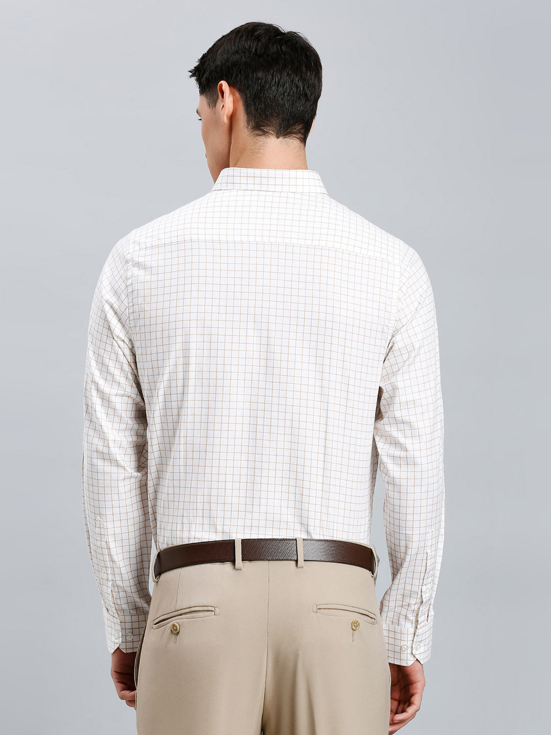 White & Beige Checks 100% Cotton Slim Fit Formal Full Sleeve Shirt