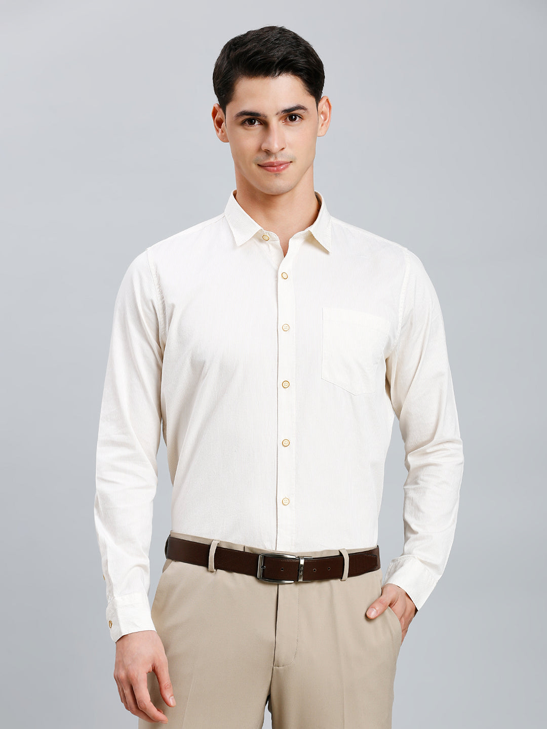 White & Light Yellow Stripe 100% Cotton Slim Fit Casual Full Sleeve Shirt