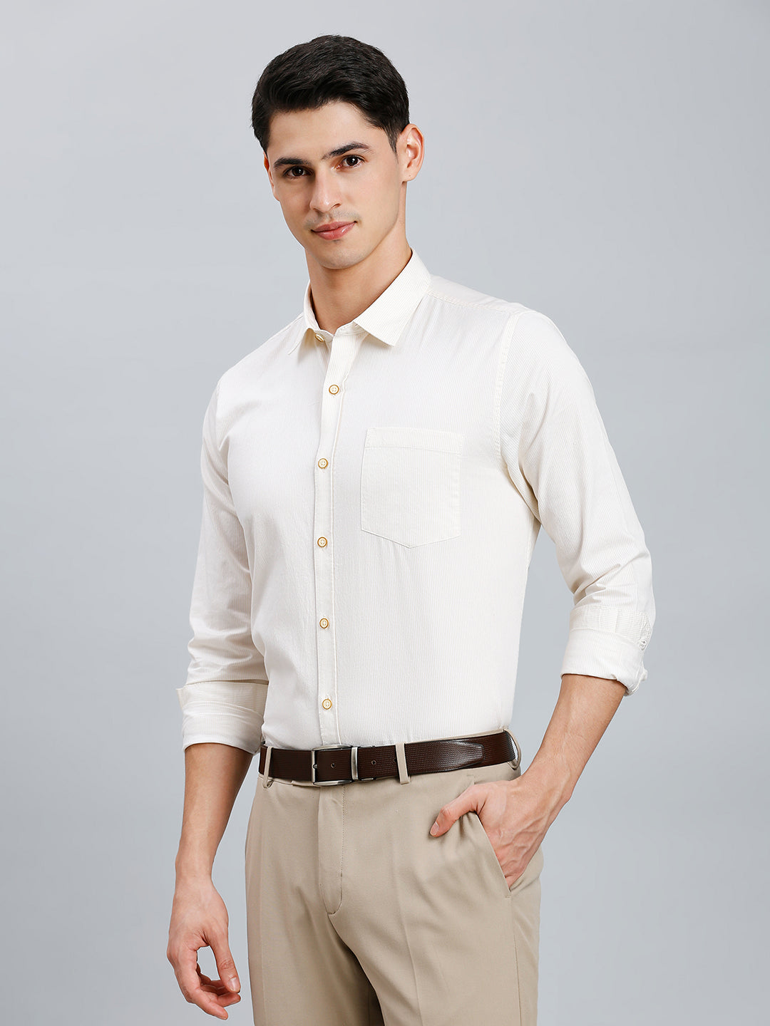 White & Light Yellow Stripe 100% Cotton Slim Fit Casual Full Sleeve Shirt