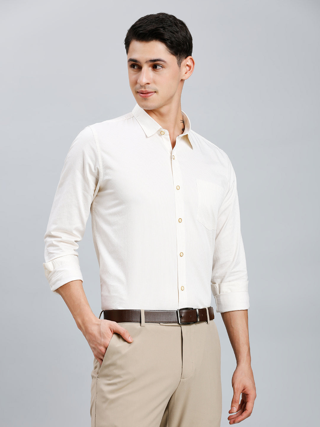 White & Light Yellow Stripe 100% Cotton Slim Fit Casual Full Sleeve Shirt