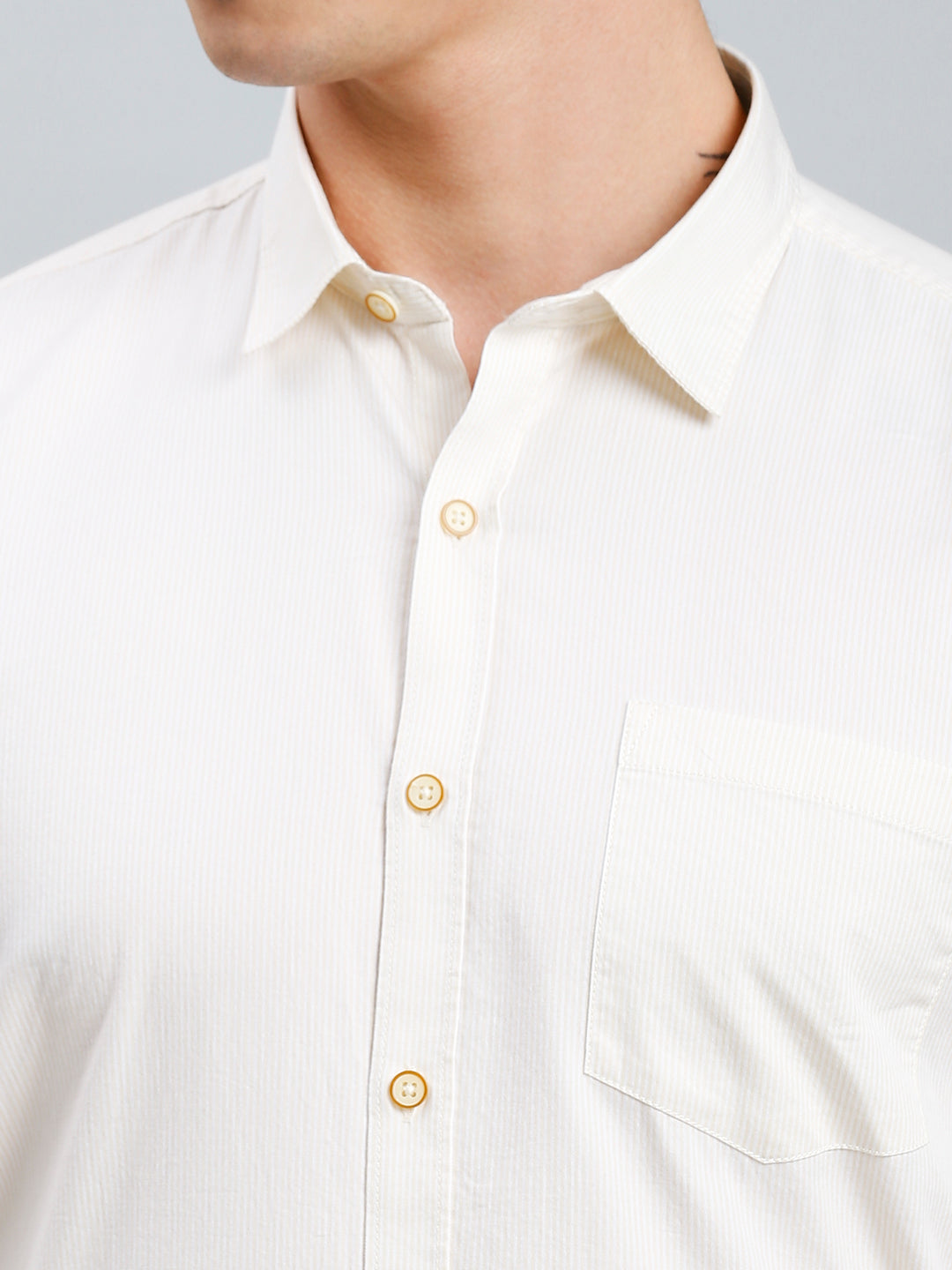 White & Light Yellow Stripe 100% Cotton Slim Fit Casual Full Sleeve Shirt