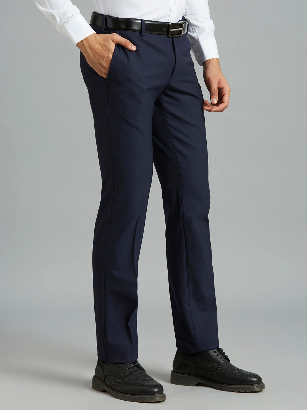Medium Blue Plain Wool Blend With Elastane Auto Fit Formal Cross Pocket Trouser