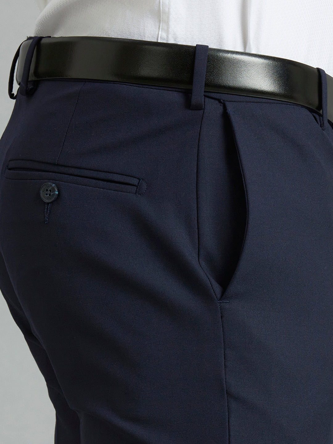 Medium Blue Plain Wool Blend With Elastane Auto Fit Formal Cross Pocket Trouser