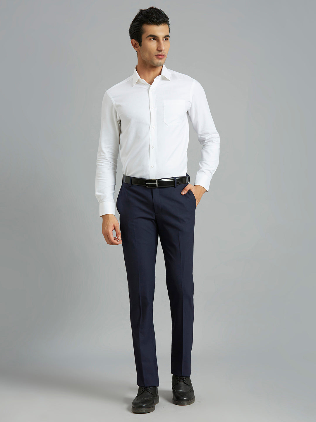 Medium Blue Plain Wool Blend With Elastane Auto Fit Formal Cross Pocket Trouser