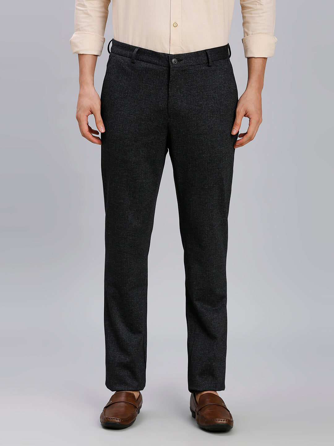 Elegant Black Knitted Fabric Poly Viscose Elastane Tailor Fit Formal Cross Pocket Trousers