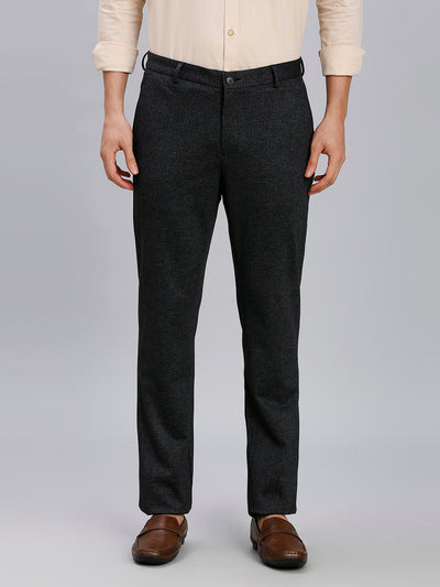 Elegant Black Knitted Fabric Poly Viscose Elastane Tailor Fit Formal Cross Pocket Trousers
