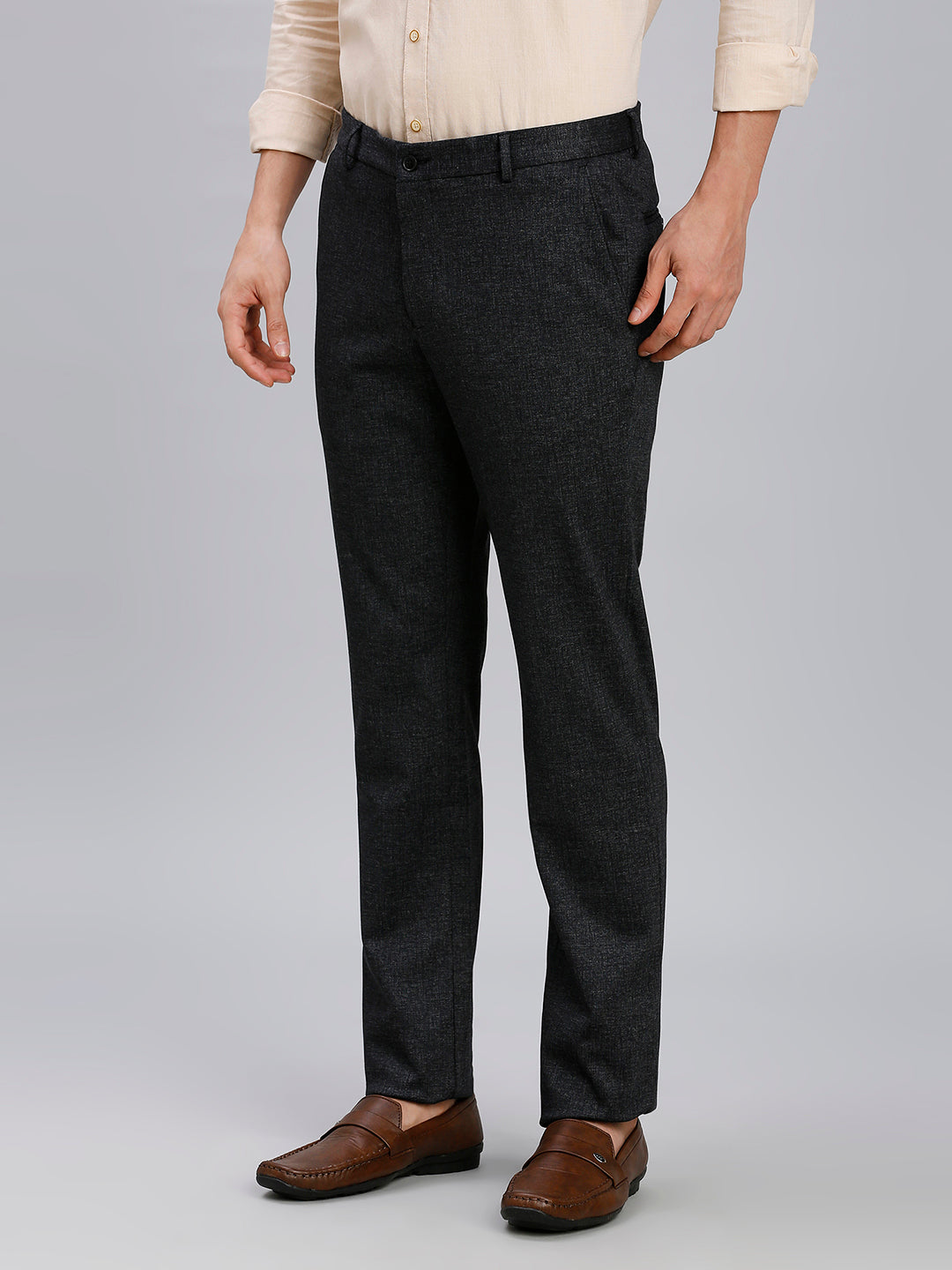 Elegant Black Knitted Fabric Poly Viscose Elastane Tailor Fit Formal Cross Pocket Trousers