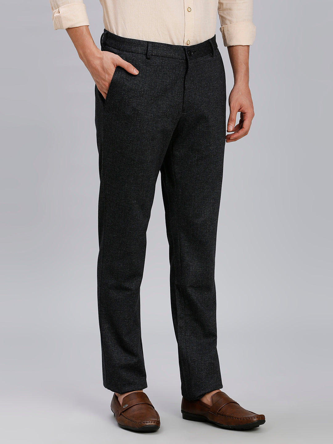 Elegant Black Knitted Fabric Poly Viscose Elastane Tailor Fit Formal Cross Pocket Trousers