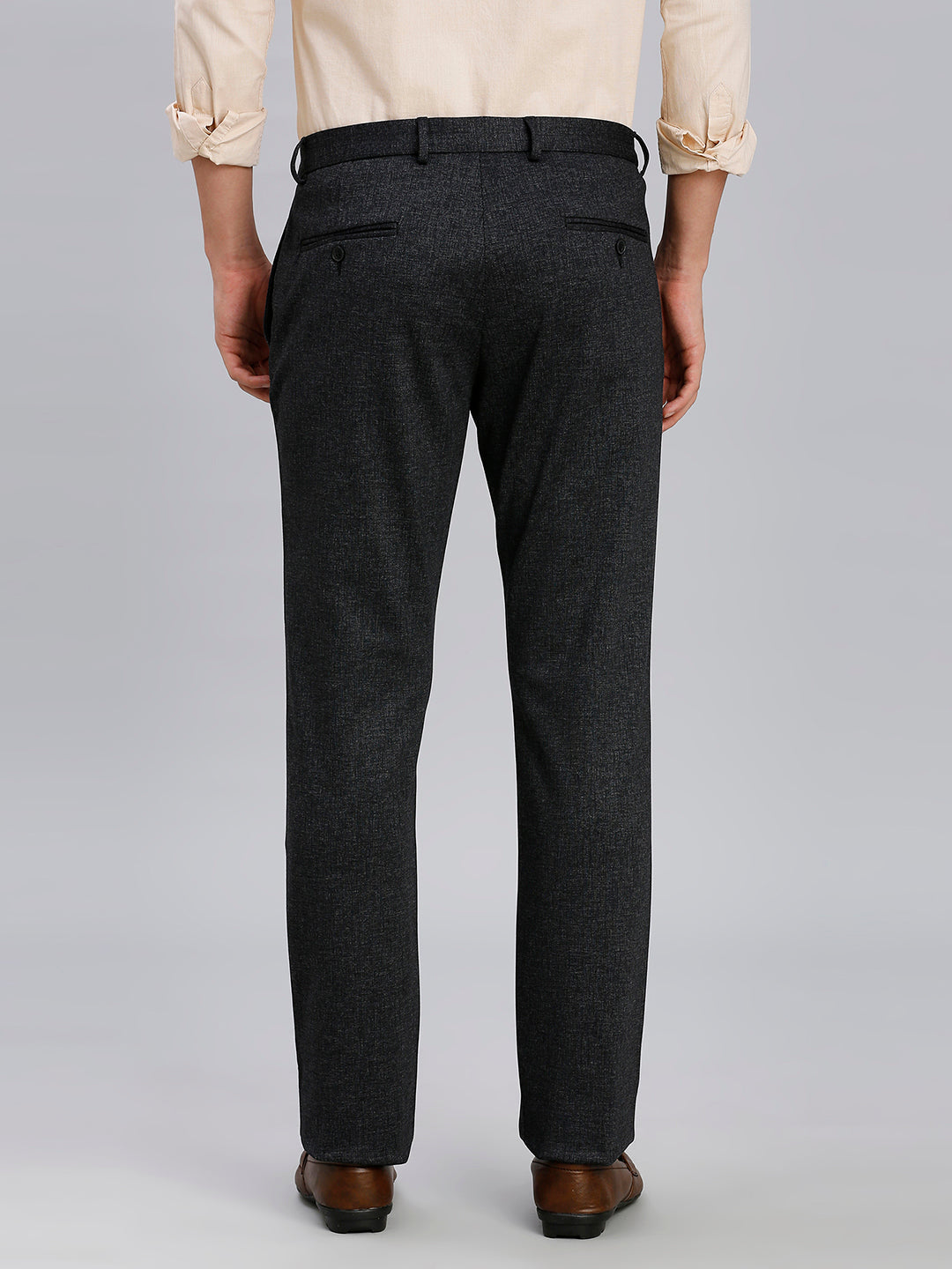 Elegant Black Knitted Fabric Poly Viscose Elastane Tailor Fit Formal Cross Pocket Trousers