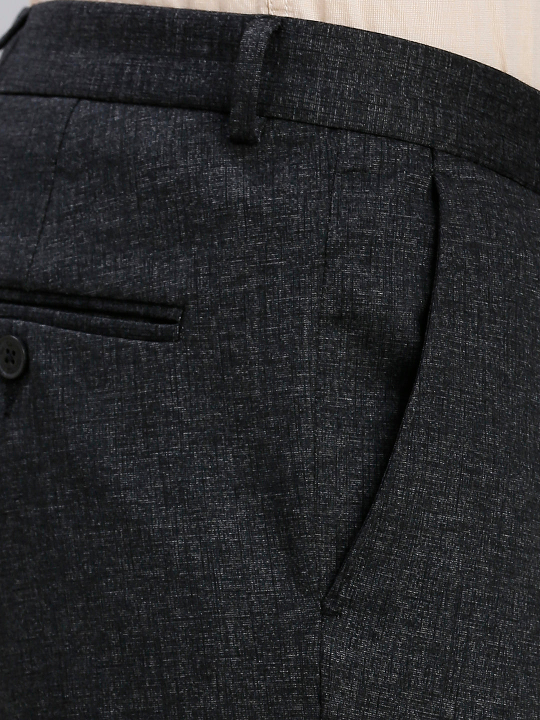 Elegant Black Knitted Fabric Poly Viscose Elastane Tailor Fit Formal Cross Pocket Trousers