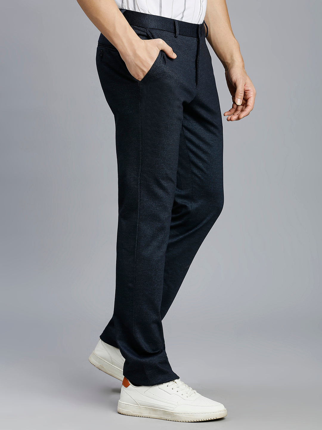 Navy Knitted Fabric Poly Viscose Elastane Tailor Fit Formal Cross Pocket Trouser