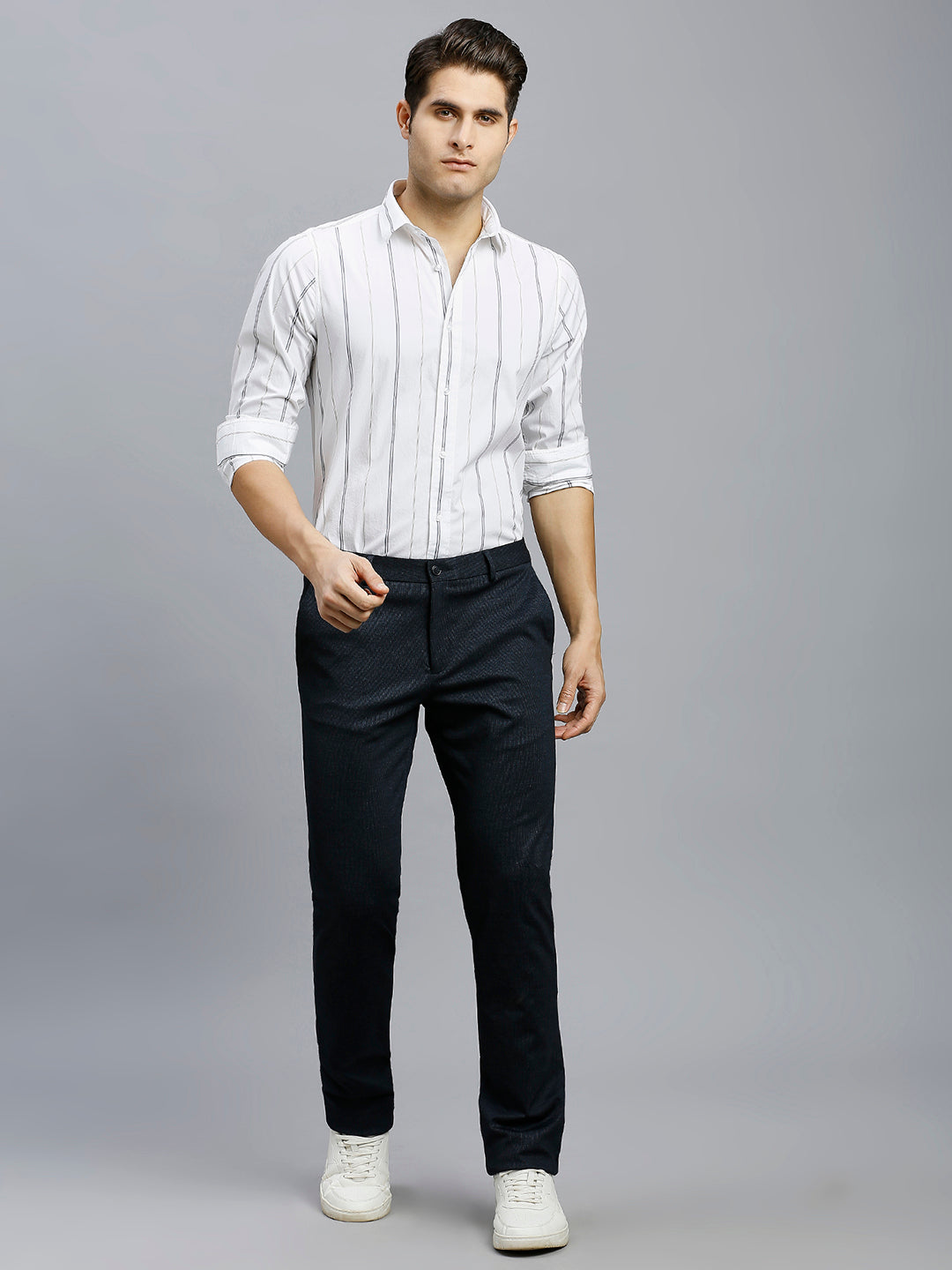 Navy Knitted Fabric Poly Viscose Elastane Tailor Fit Formal Cross Pocket Trouser