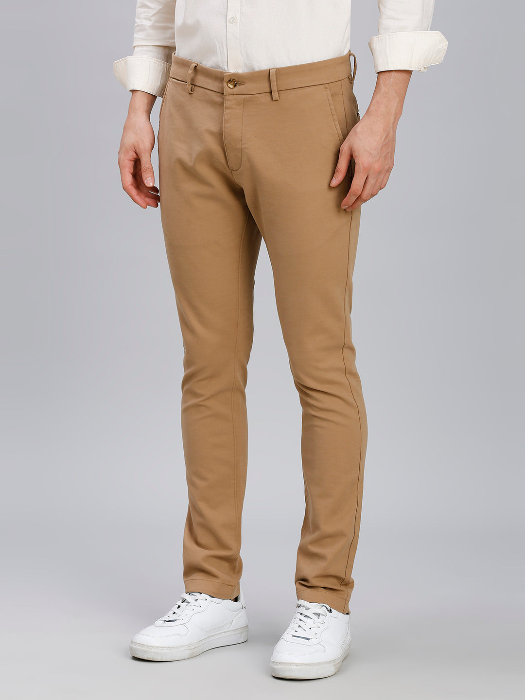 Khakhi Plain Cotton Elastane Tailor Fit Casual Cross Pocket Chino
