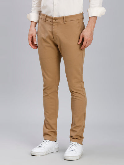 Khakhi Plain Cotton Elastane Slim Fit Casual Cross Pocket Chino