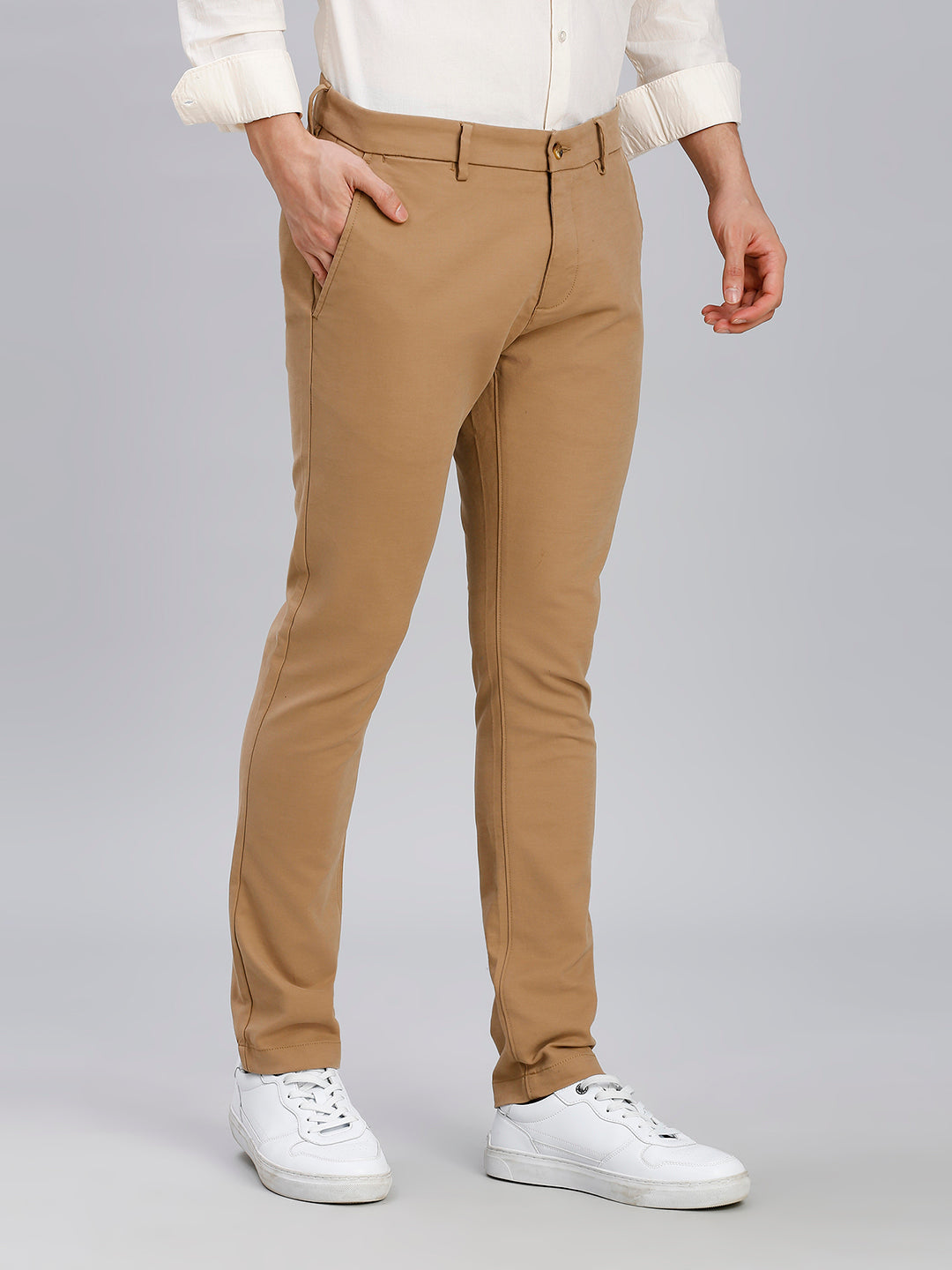Khakhi Plain Cotton Elastane Tailor Fit Casual Cross Pocket Chino