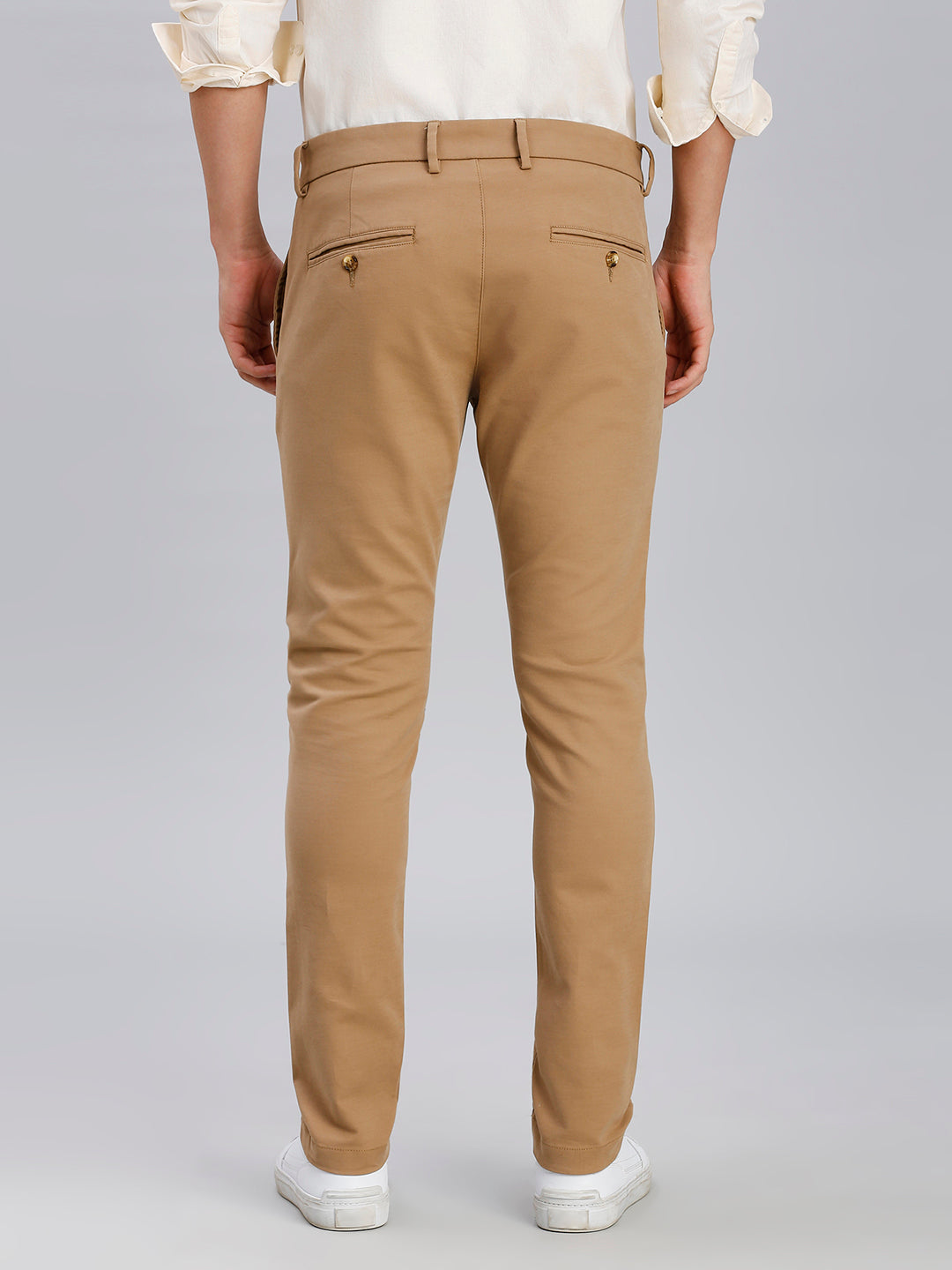Khakhi Plain Cotton Elastane Tailor Fit Casual Cross Pocket Chino