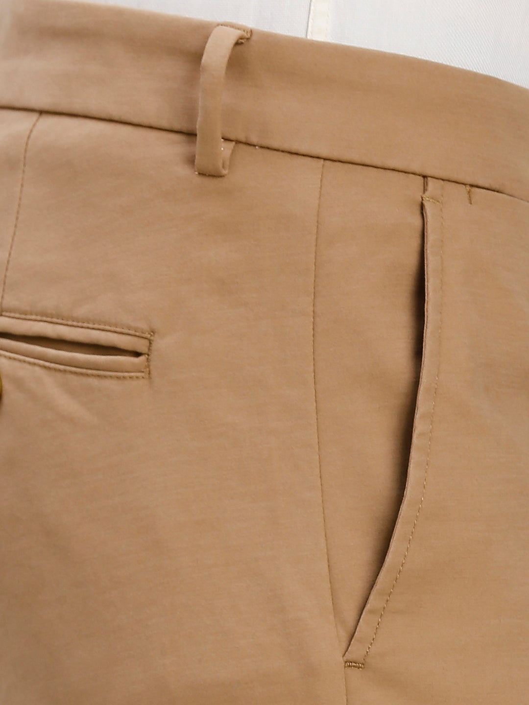 Khakhi Plain Cotton Elastane Tailor Fit Casual Cross Pocket Chino