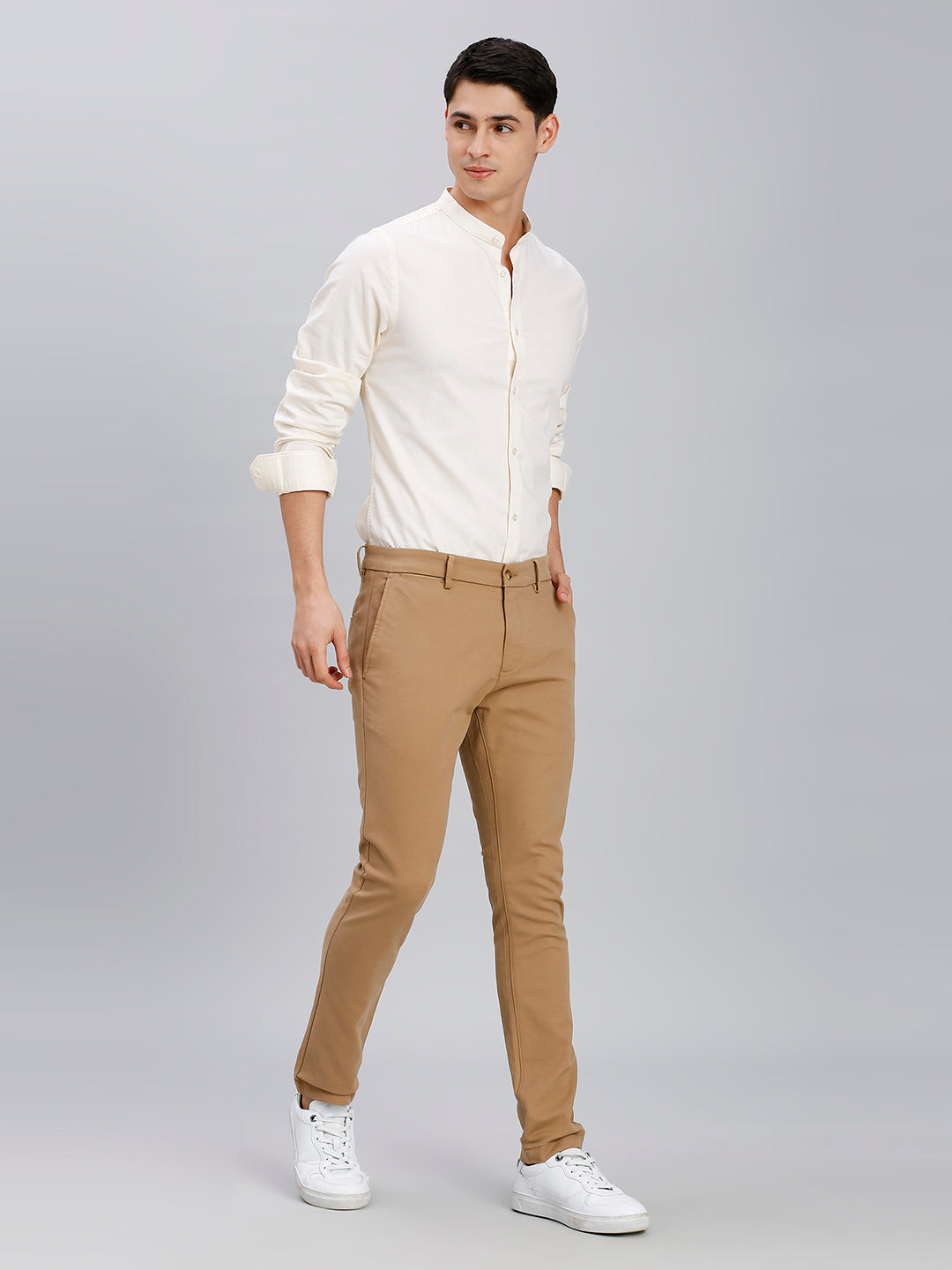 Khakhi Plain Cotton Elastane Tailor Fit Casual Cross Pocket Chino