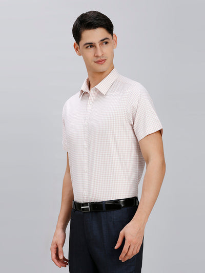 Men's Pure Cotton Checks Slim Fit Half Sleeve Formal Shirt - White & Pink