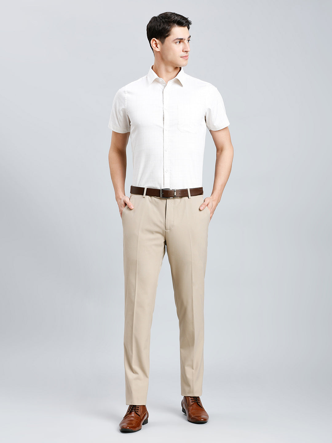 Brown & Beige Dobby Y/D 100% Cotton Regular Fit Formal Half Sleeve Shirt