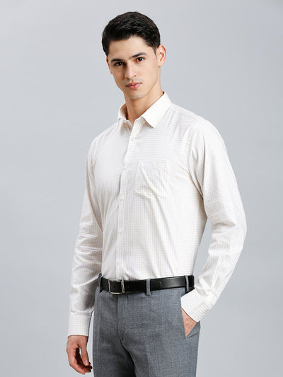 Men's Pure Cotton Checks Regular Fit Full Sleeve Formal Shirt - White & Brown