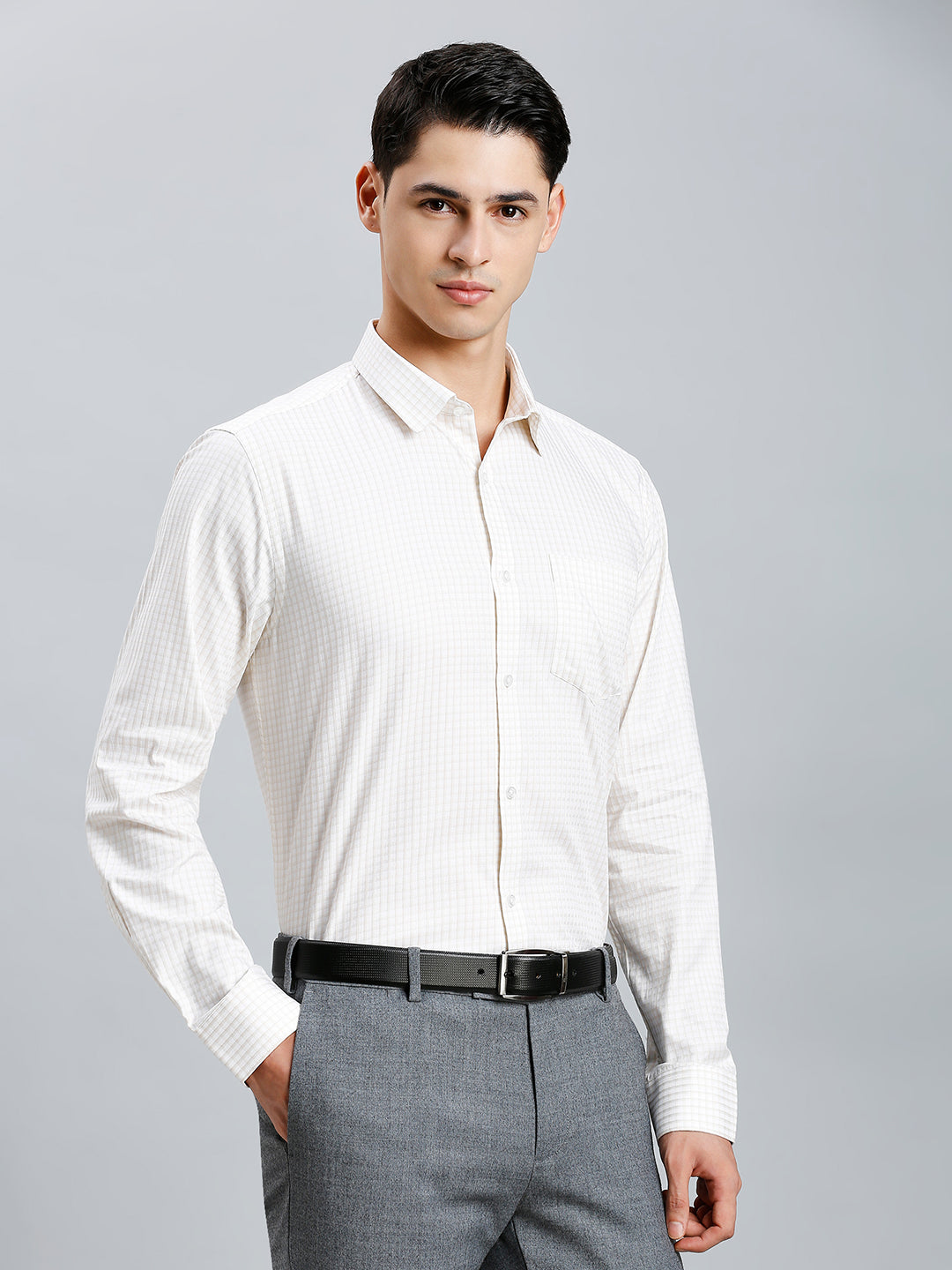 White & Brown Checks 100% Cotton Regular Fit Formal Full Sleeve Shirt