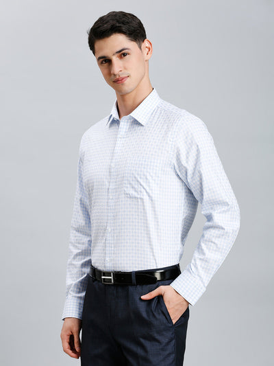 Men's Pure Cotton Checks Slim Fit Full Sleeve Formal Shirt - White & Blue