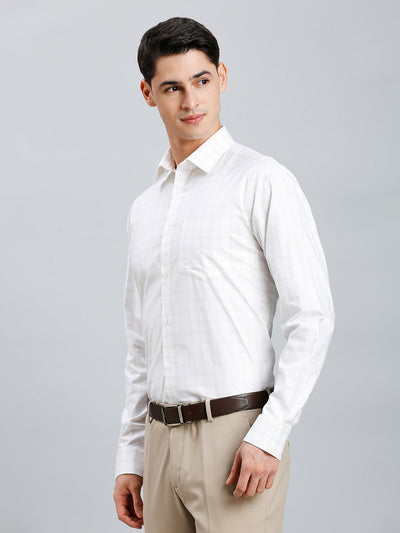 Men's Pure Cotton Dobby Checks Dobby Checks Regular Fit Full Sleeve Formal Shirt - White & Brown