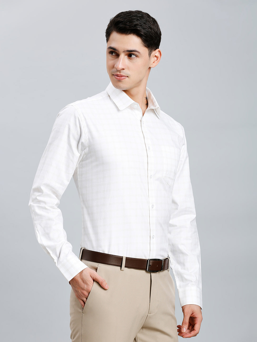 White & Brown Dobby Checks 100% Cotton Regular Fit Formal Full Sleeve Shirt