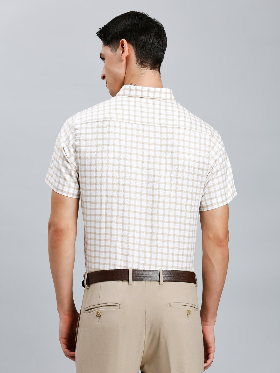 White & Brown Checks 100% Cotton Slim Fit Formal Half Sleeve Shirt