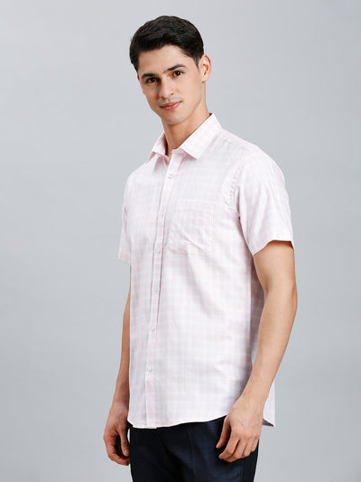 Men's Pure Cotton Dobby Checks Dobby Checks Regular Fit Half Sleeve Formal Shirt - White & Pink