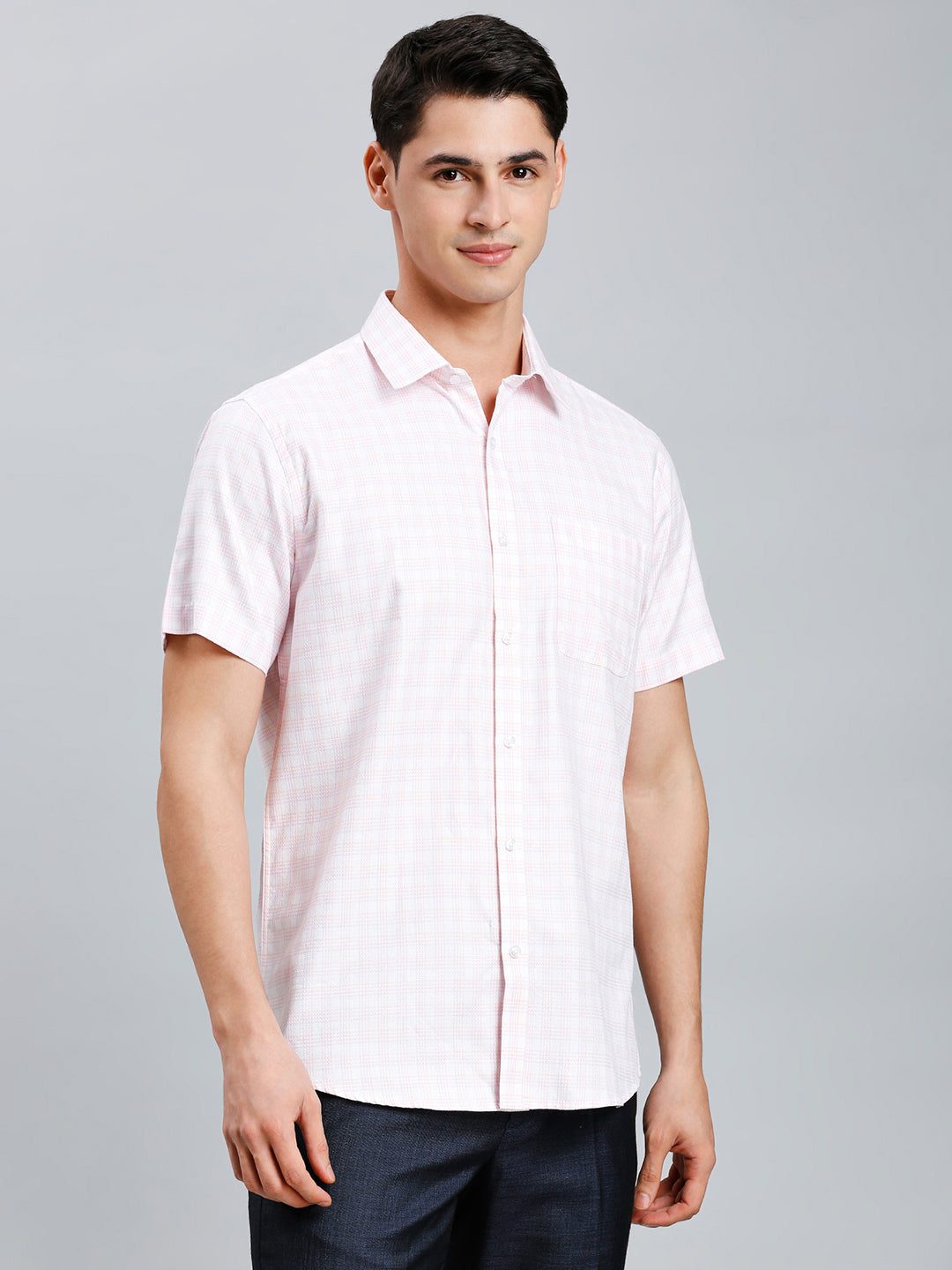 Pink & Purple Dobby Checks 100% Cotton Regular Fit Formal Half Sleeve Shirt