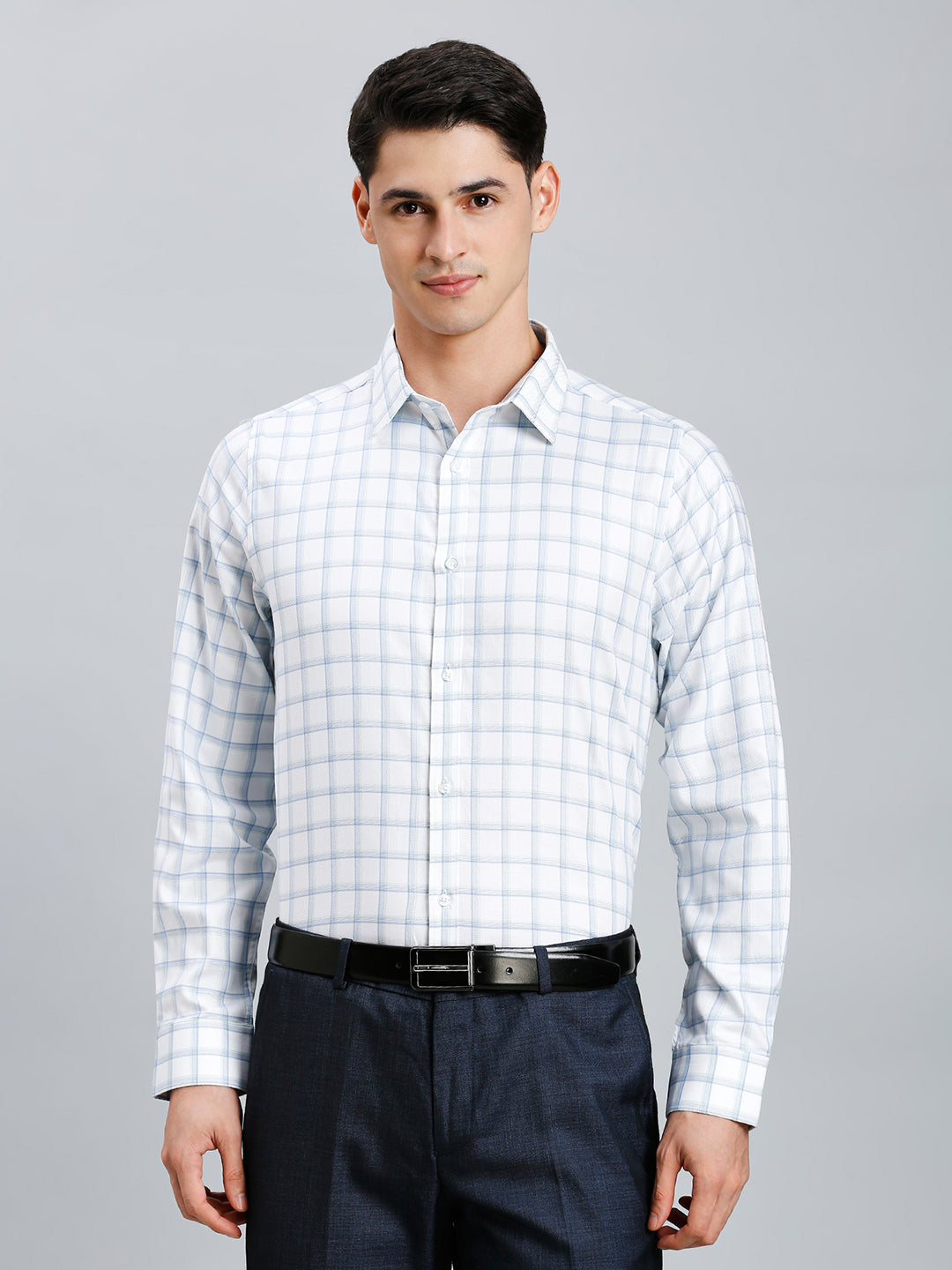 Green & Blue Dobby Checks 100% Cotton Slim Fit Formal Full Sleeve Shirt