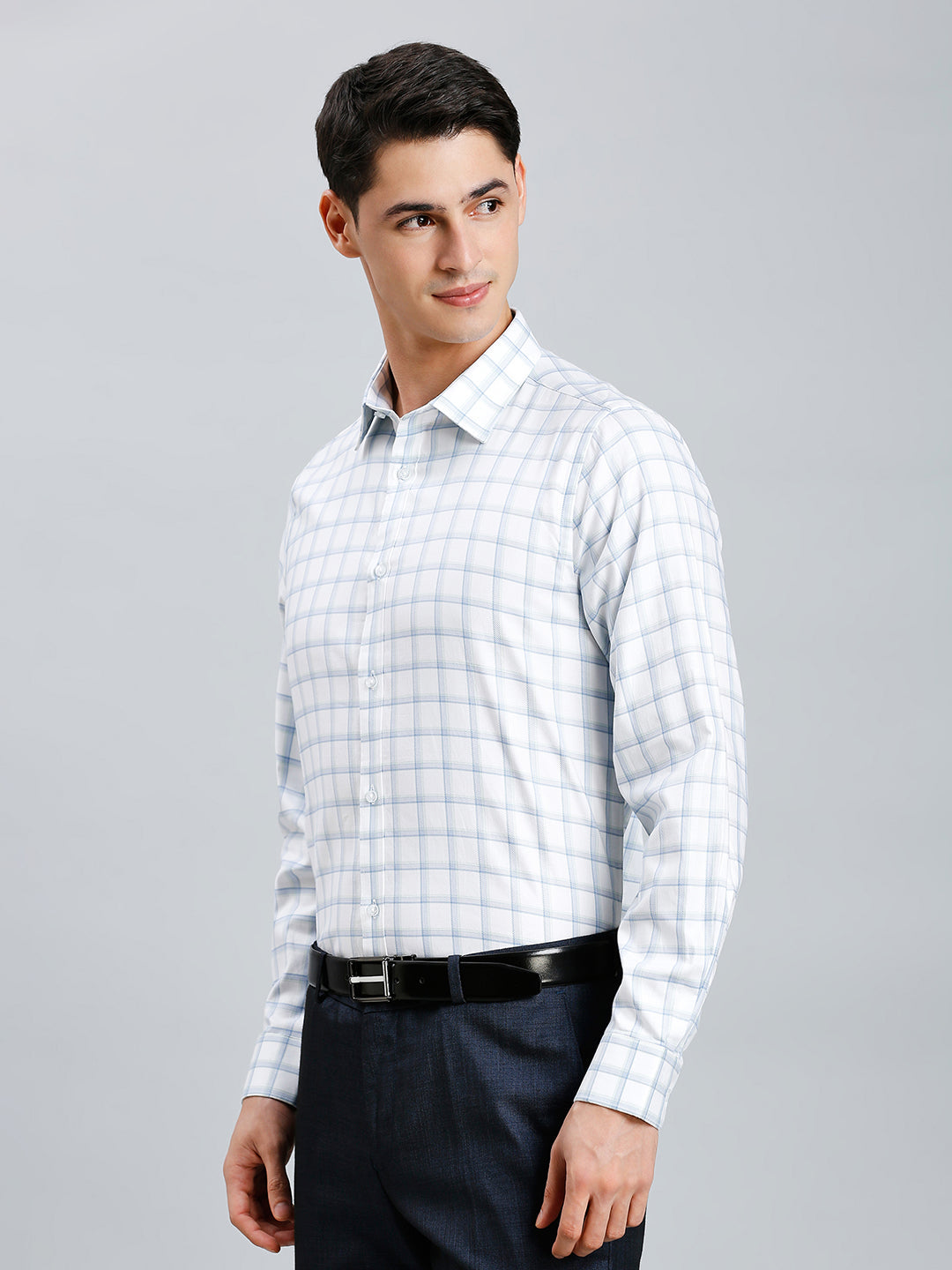 Green & Blue Dobby Checks 100% Cotton Slim Fit Formal Full Sleeve Shirt