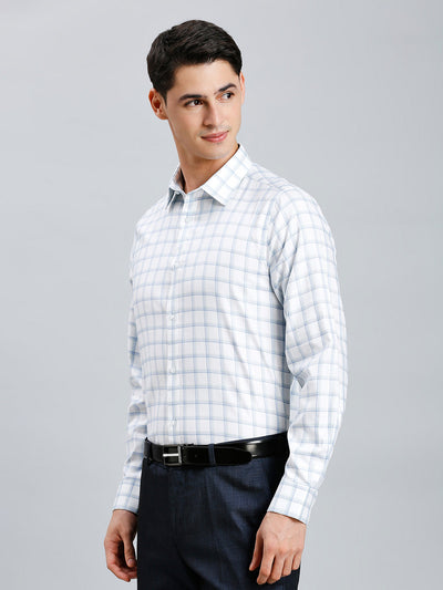 Men's Pure Cotton Dobby Checks Dobby Checks Slim Fit Full Sleeve Formal Shirt - White & Blue