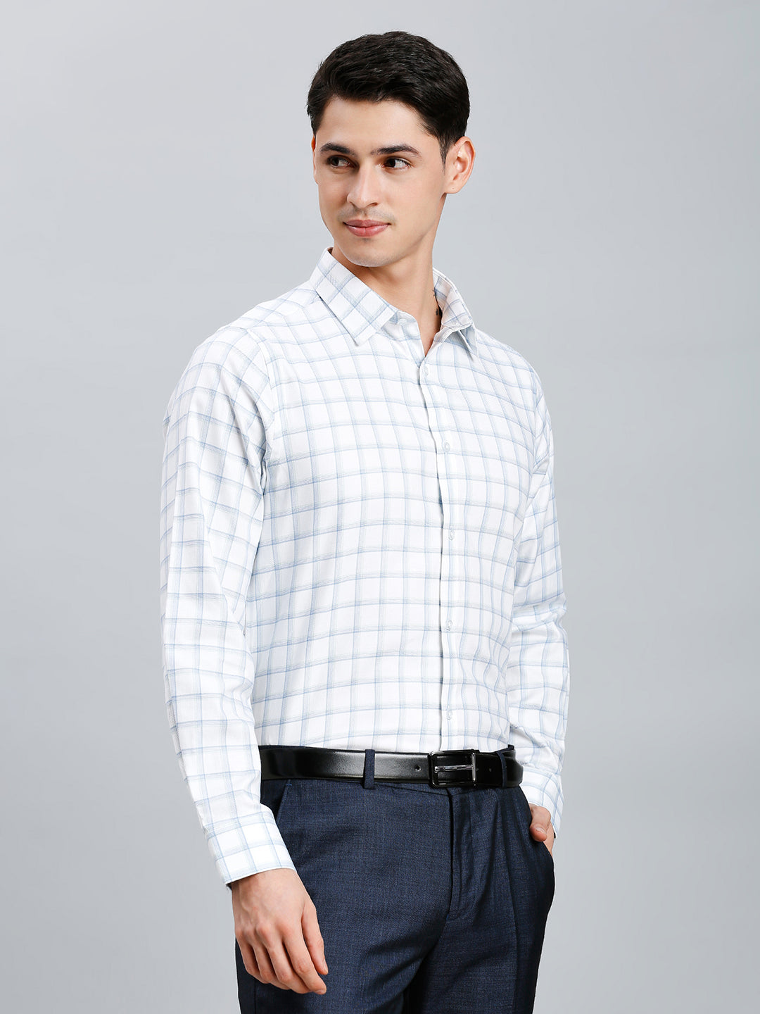 Green & Blue Dobby Checks 100% Cotton Slim Fit Formal Full Sleeve Shirt