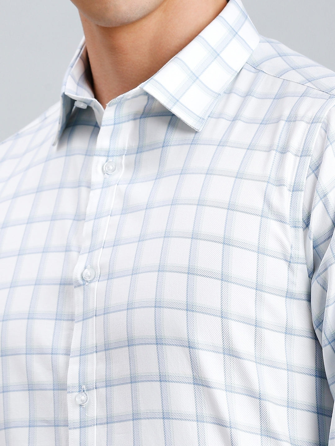 Green & Blue Dobby Checks 100% Cotton Slim Fit Formal Full Sleeve Shirt