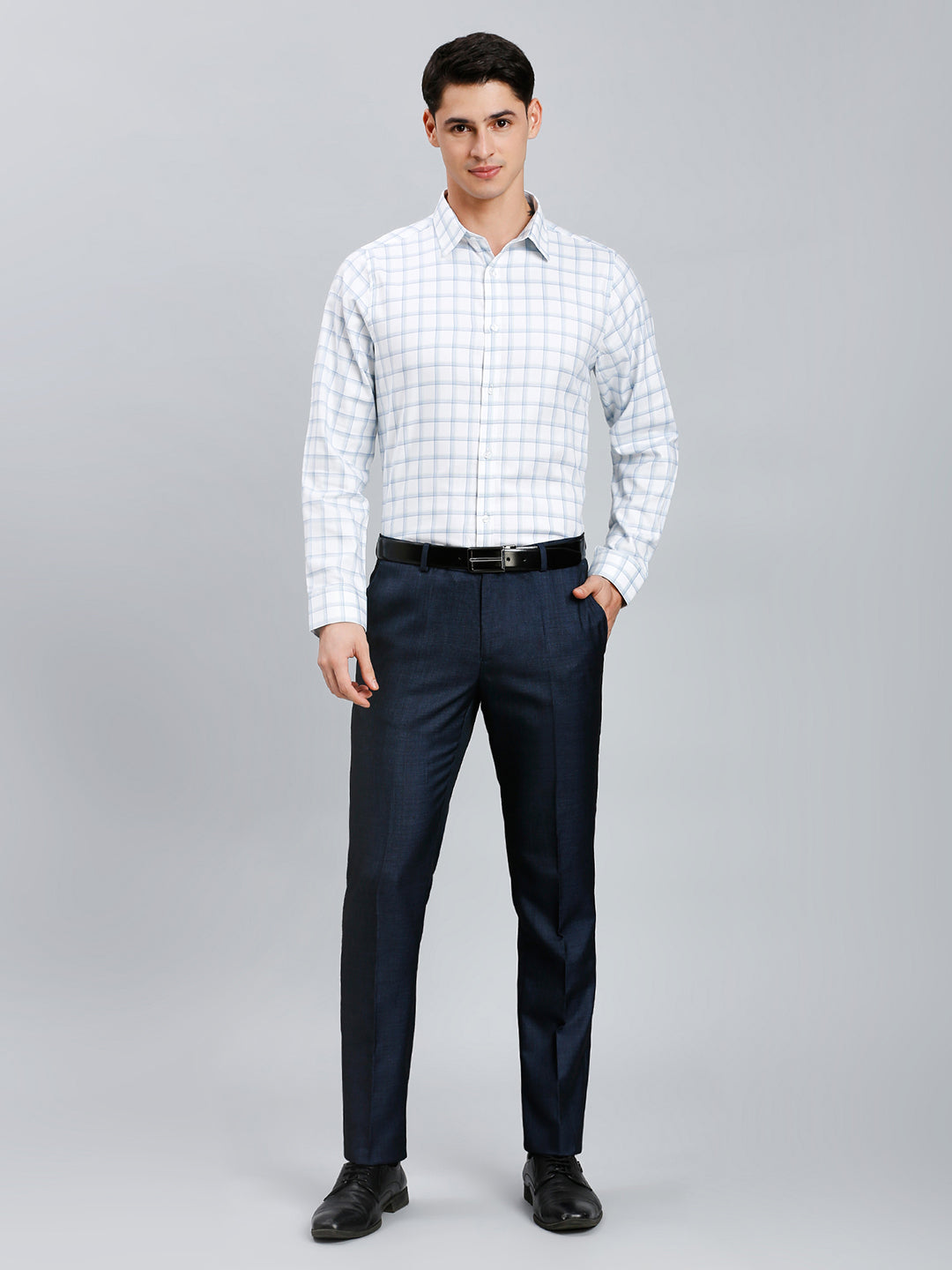 Green & Blue Dobby Checks 100% Cotton Slim Fit Formal Full Sleeve Shirt