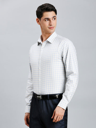 Men's Pure Cotton Dobby Checks Dobby Checks Slim Fit Full Sleeve Formal Shirt - White & Blue