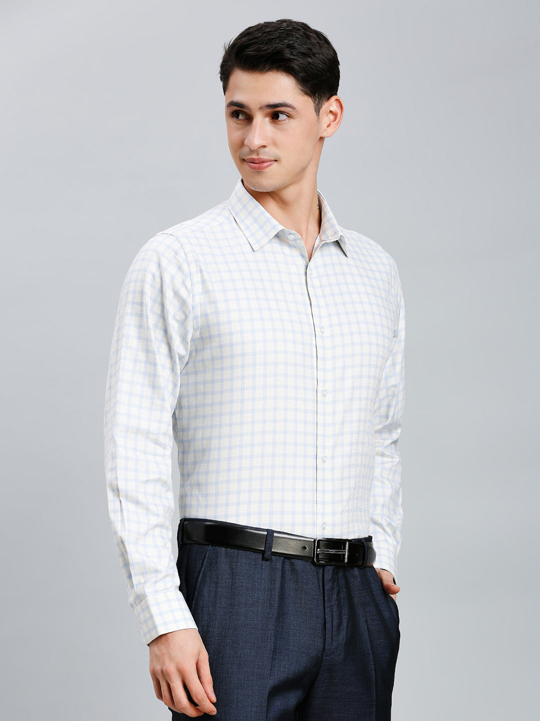 Beige & Blue Dobby Checks 100% Cotton Slim Fit Formal Full Sleeve Shirt